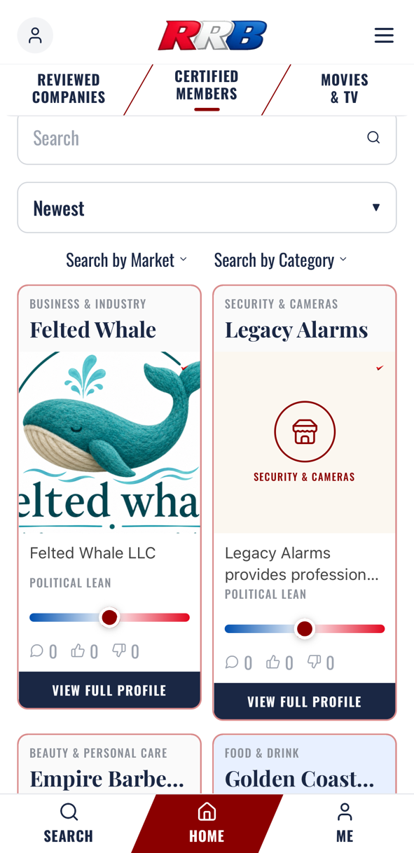 RedRightBuyer mobile app home screen with company lean rating sliders