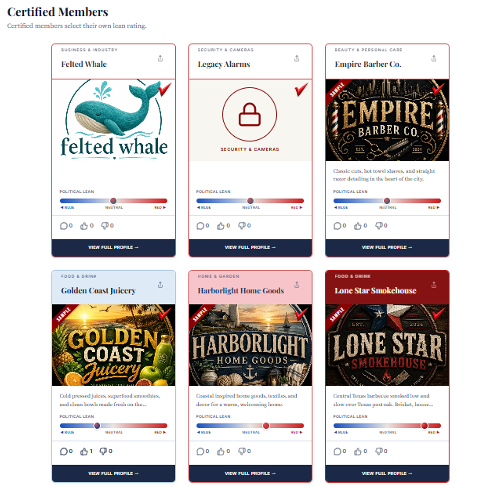 Grid of certified member business cards with the RedRightBuyer checkmark