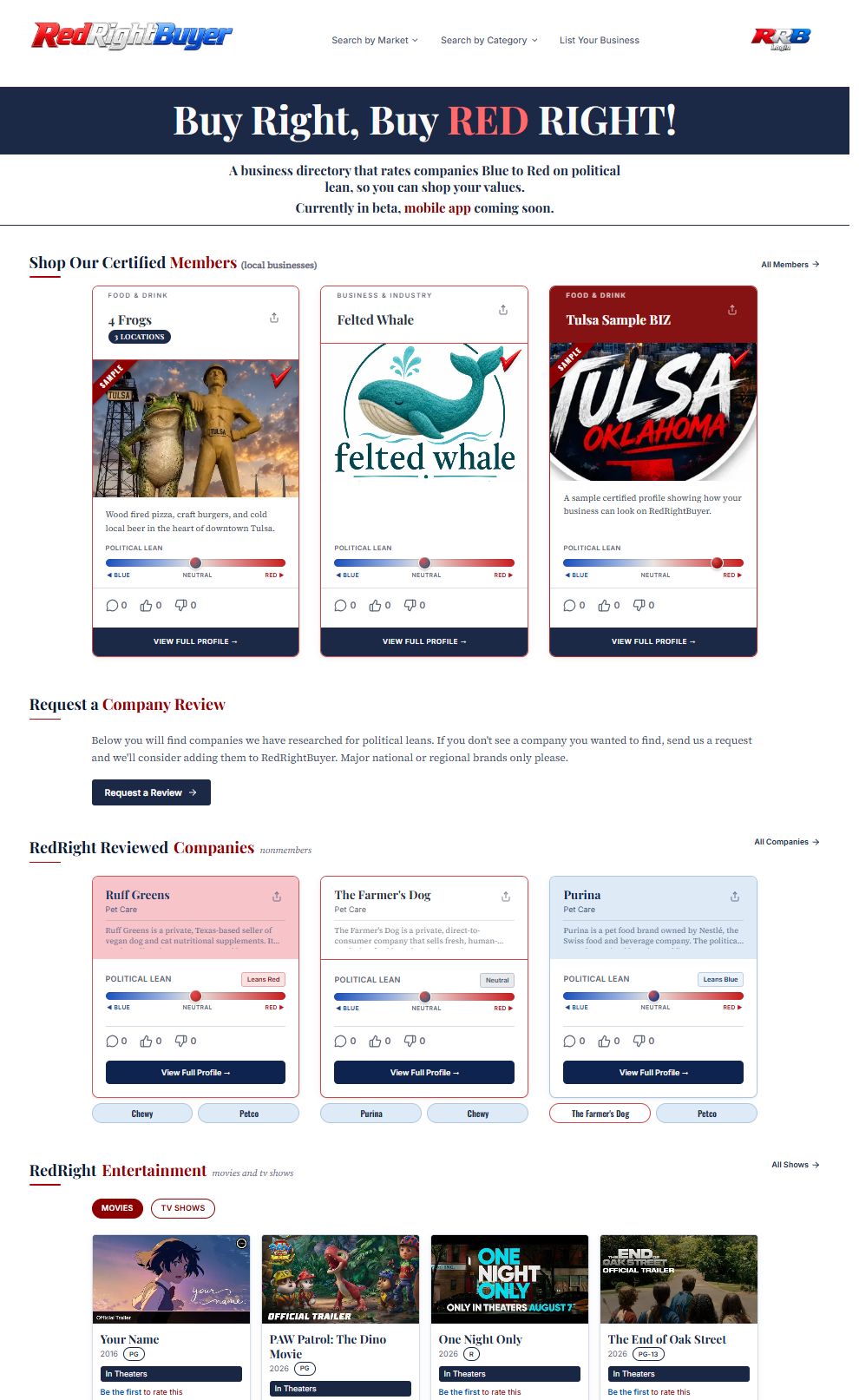 RedRightBuyer homepage showing national company ratings from Blue to Red