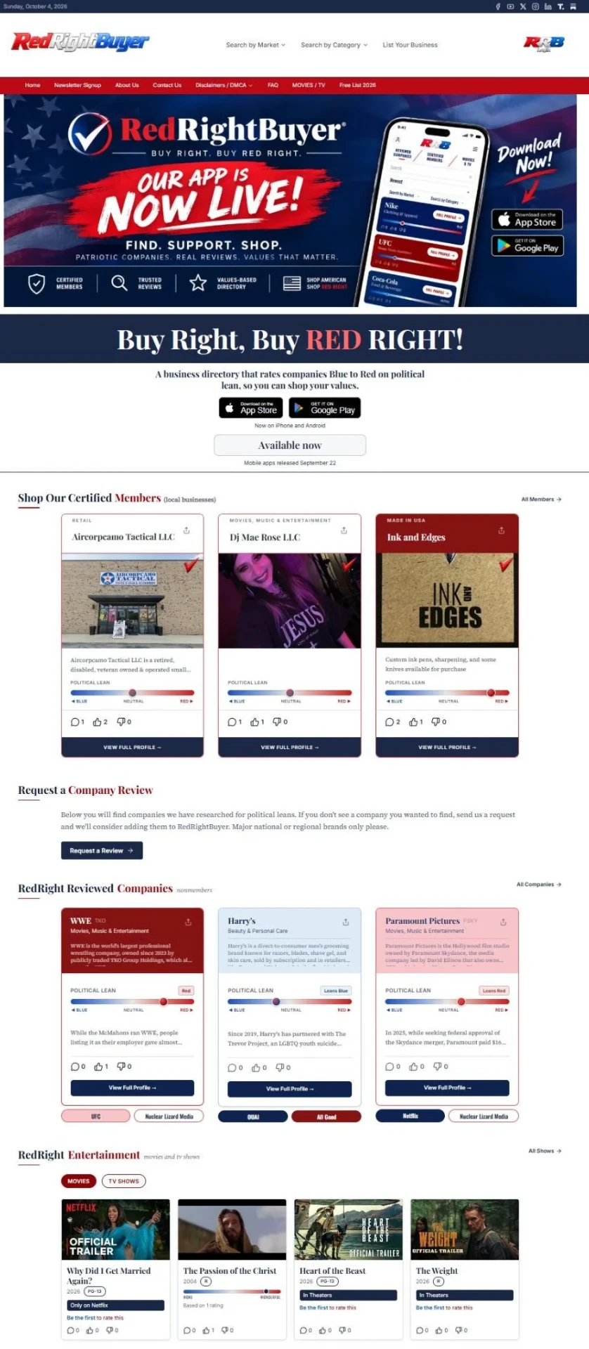RedRightBuyer homepage showing certified members, reviewed companies and entertainment titles with political lean ratings