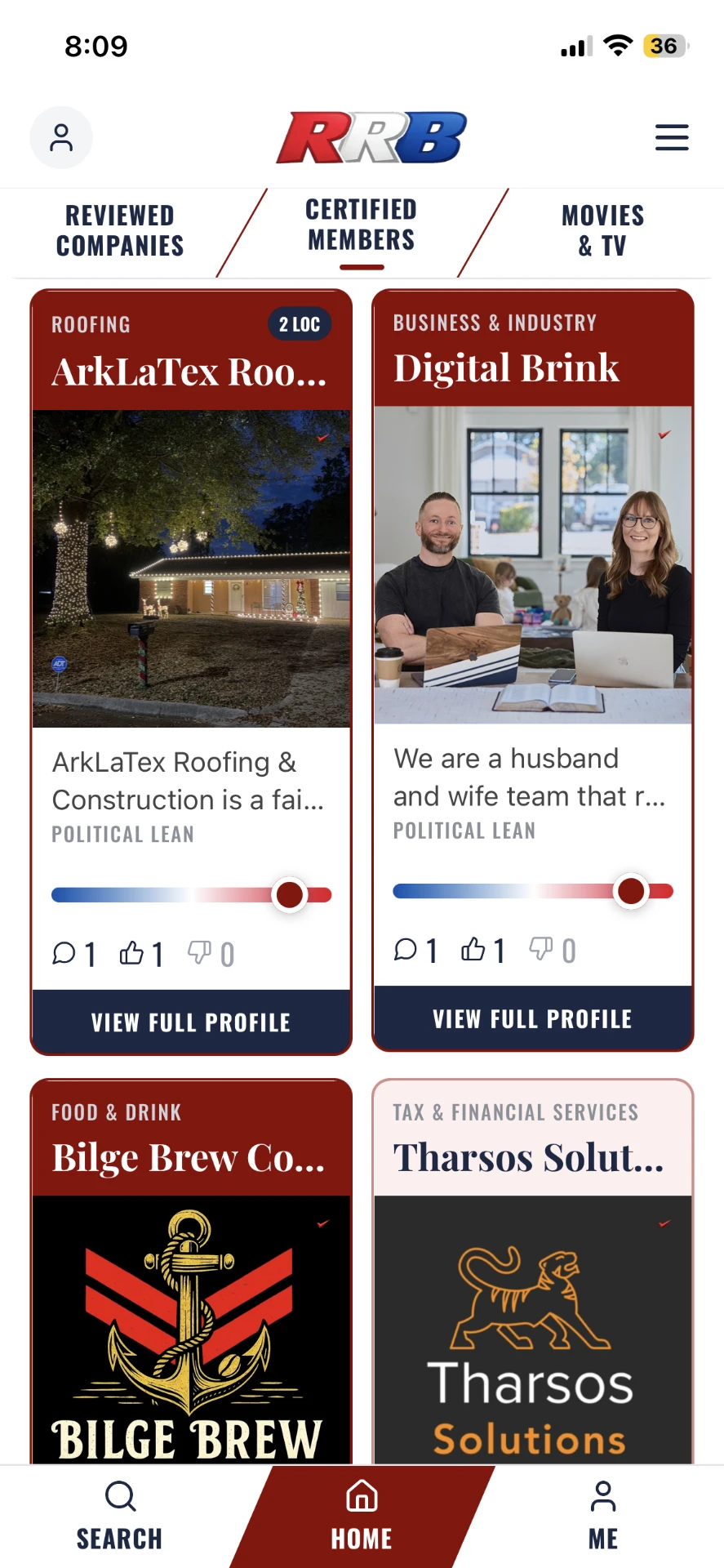 RedRightBuyer app home screen showing certified member listings with political lean indicators