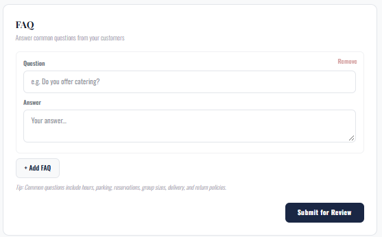 The FAQ section, for common customer questions.
