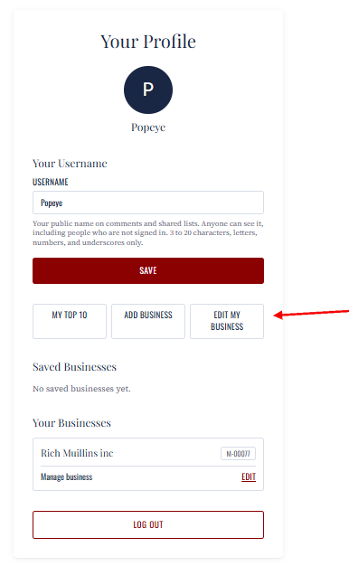 The account page. Your username is separate from your business name.
