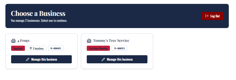 Choose a business when your login manages more than one.