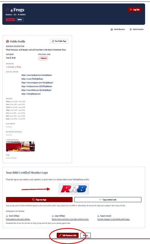 The member dashboard: a preview of your public profile with your logo tools.