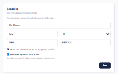 The Location card. Check the boxes to choose whether your phone number and address show on your profile.