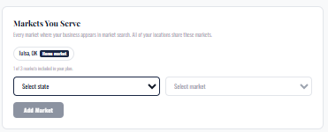The Markets You Serve card. Pick a state and a market, then click Add Market.