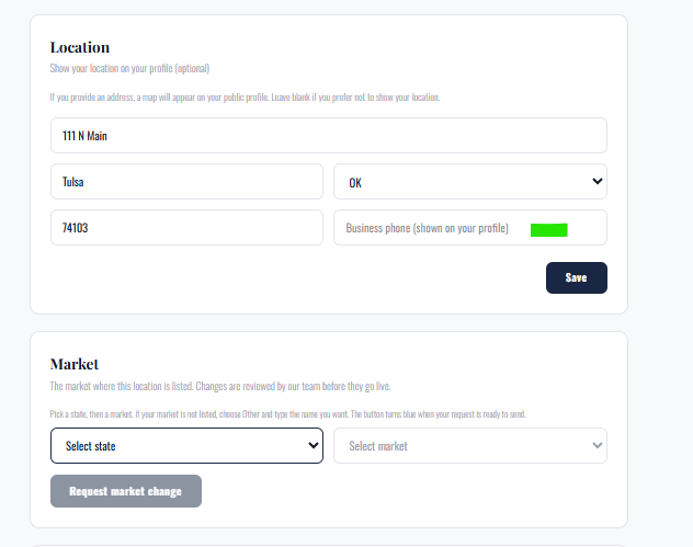 The Location and Market cards. Business phone appears inside Location, and the Market card below it is where you request a market change.