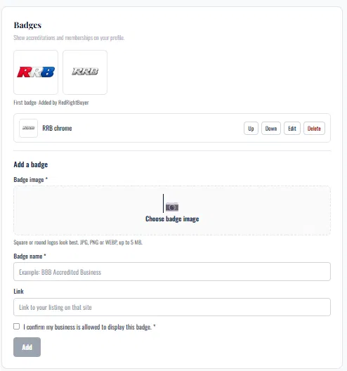 The Badges card on your edit page. Your RedRightBuyer badge is already there. Add up to 3 more below it.