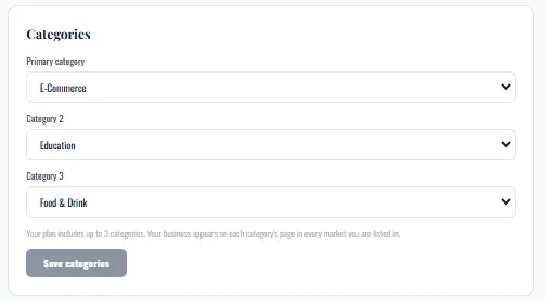 The Categories card. Pick up to the number of categories your plan allows, then click Save categories.