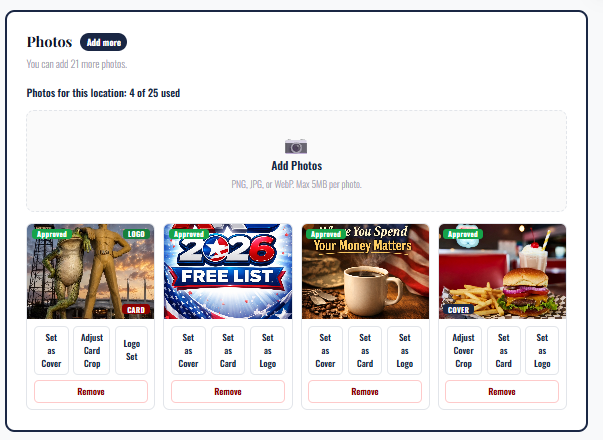 Assign a cover, card, and logo, then crop to frame each one.