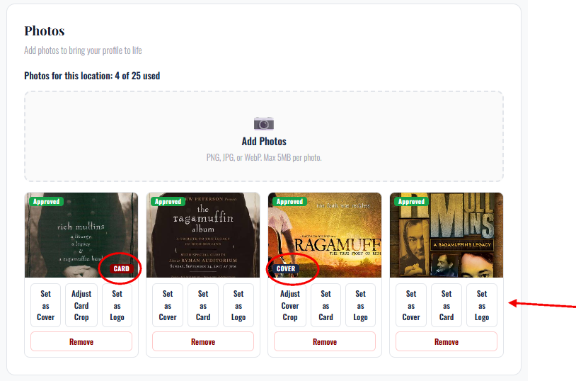 Assign a cover, card, and logo, then crop to frame each one.