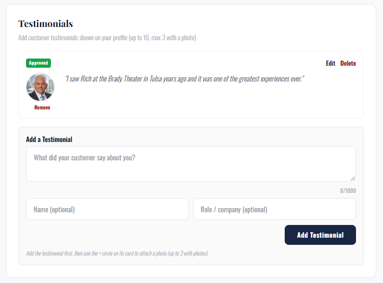 Customer testimonials shown on your profile.