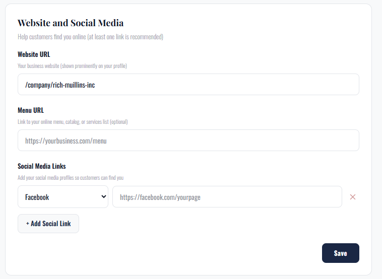 Add your website, an optional menu link, and social profiles.
