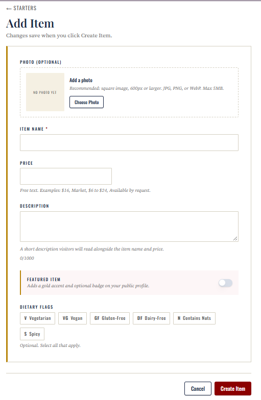 The item form. Changes save when you click Save Item, or Create Item for a new item.